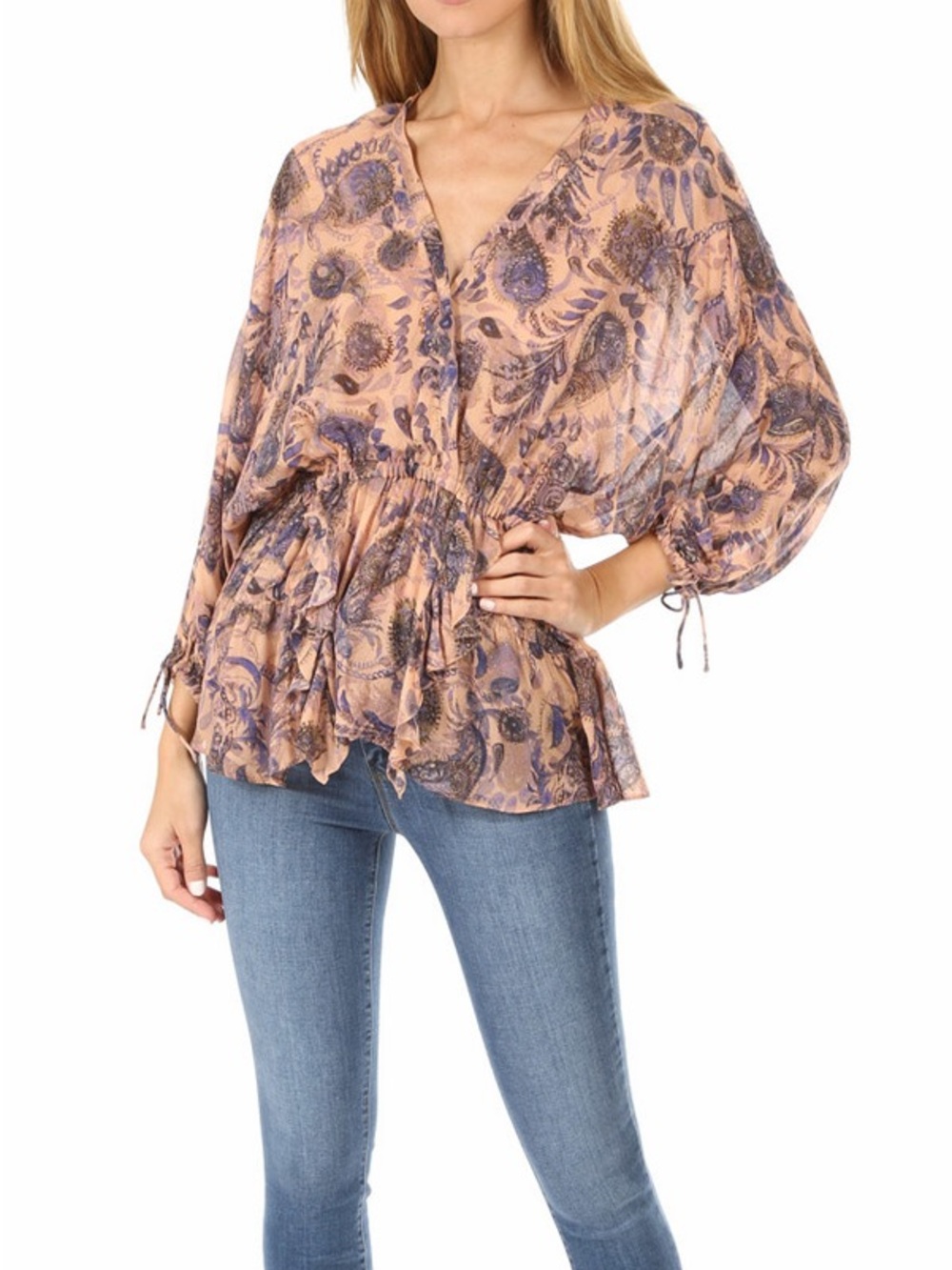 IRO Peach and Purple Floral V-Neck Blouse